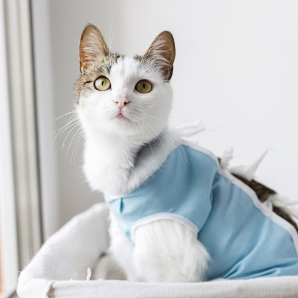 Cat wearing suit bandage recovering after spaying